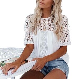VICI White Chiffon Short Sleeve Crochet Top Size Small